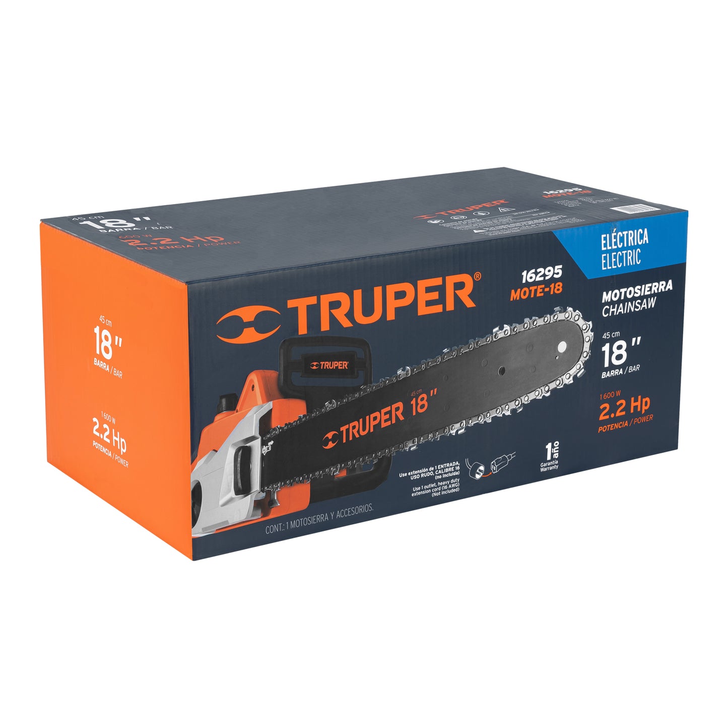 Motosierra Eléctrica TRUPER 1600W 18 Pulgadas - Corte Profesional Sin Gasolina para Poda y Tala Doméstica MOTE-18