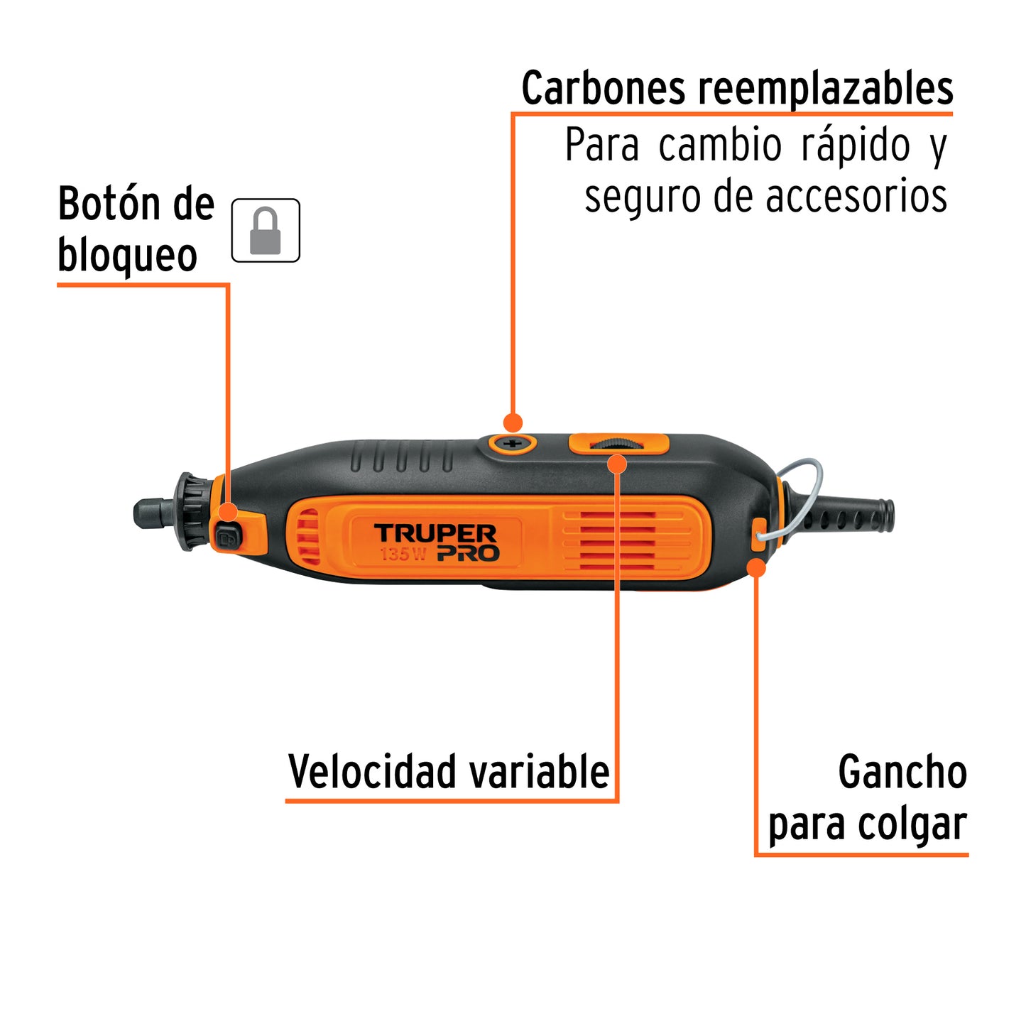 Herramienta Rotativa Multifuncional TRUPER PRO 135W con 211 Accesorios - Pule, Corta, Esmerila y Lija - MOTO-A3K