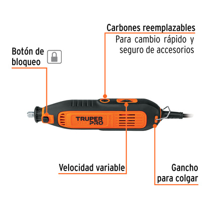 Herramienta Rotativa Multifuncional TRUPER PRO 135W con 97 Accesorios - Solución Completa para Pulir, Cortar, Esmerilar, Lijar y Cepillar - MOTO-A3