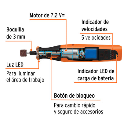 Herramienta Rotativa Inalámbrica 7.2V TRUPER PRO con Batería Ion Litio - Solución Profesional para Corte, Grabado y Pulido de Precisión