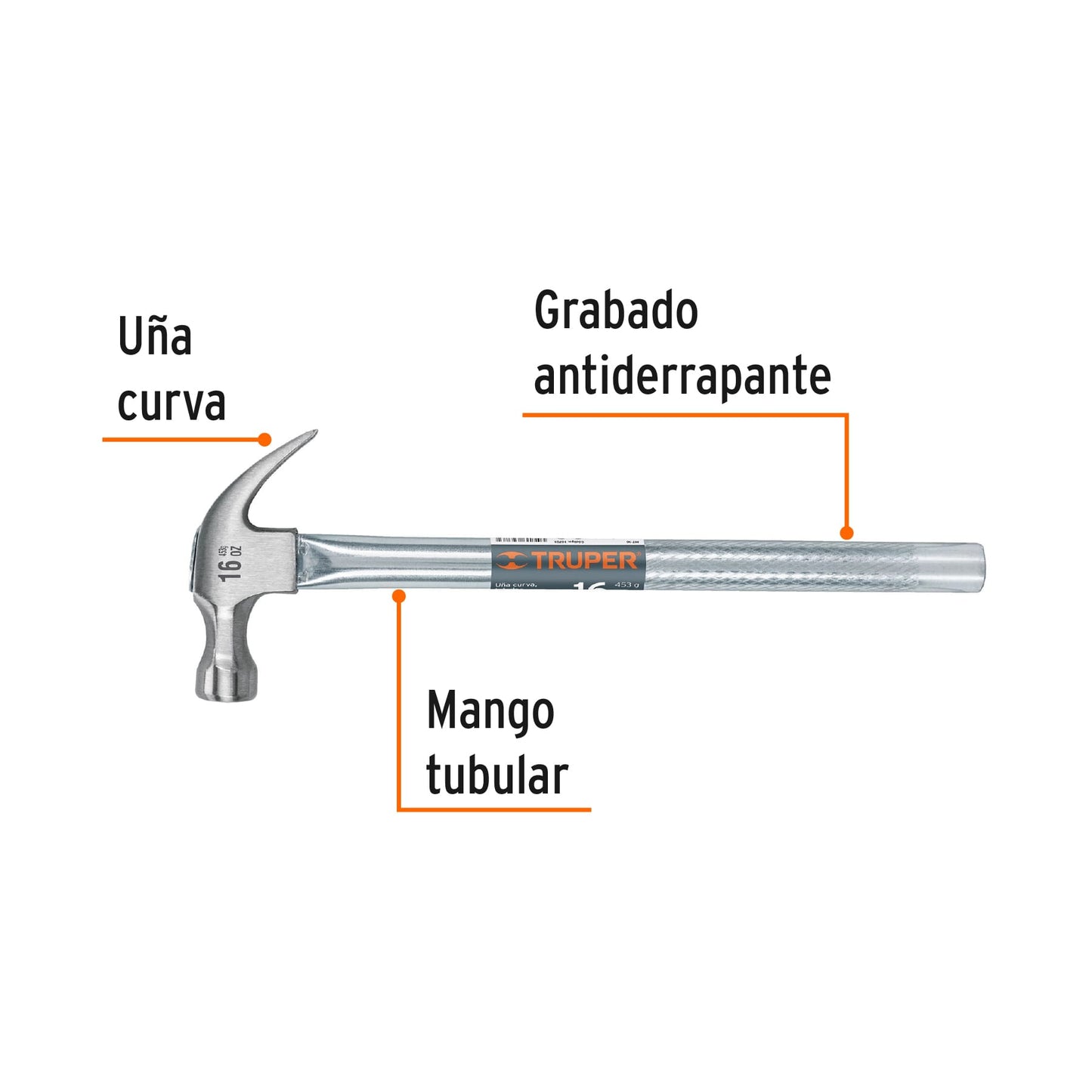 Martillo Tubular Truper MT-16 16oz Uña Curva - Profesional para Clavar y Extraer Clavos con Mango Antiderrapante