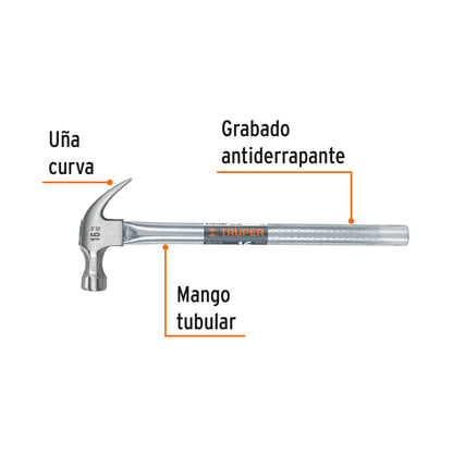 Martillo Tubular Truper MT-16 16oz Uña Curva - Profesional para Clavar y Extraer Clavos con Mango Antiderrapante