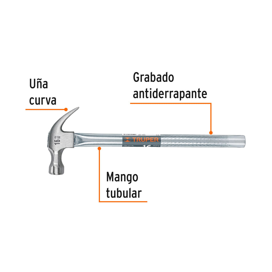 Martillo tubular pulido 16 oz uña curva, Truper