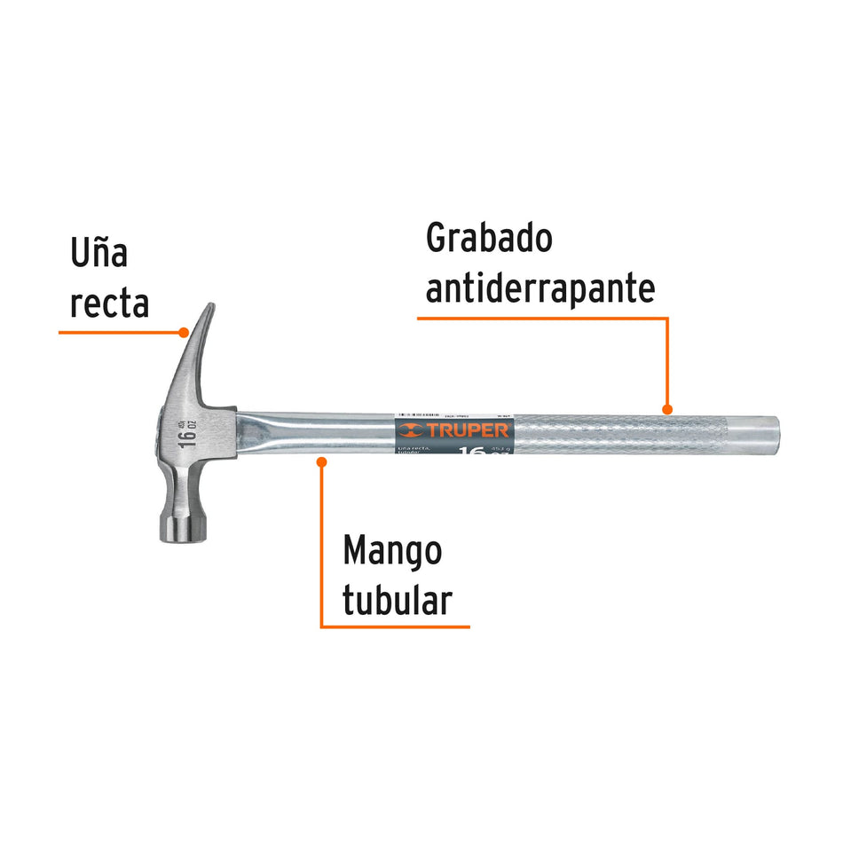 Martillo tubular pulido 16 oz uña recta, Truper