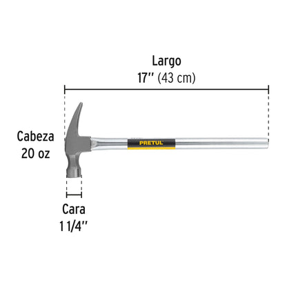 Martillo Uña Recta 20 oz Pretul MTR-20P - Mango Tubular Reforzado para Trabajo Pesado y Extracción de Clavos
