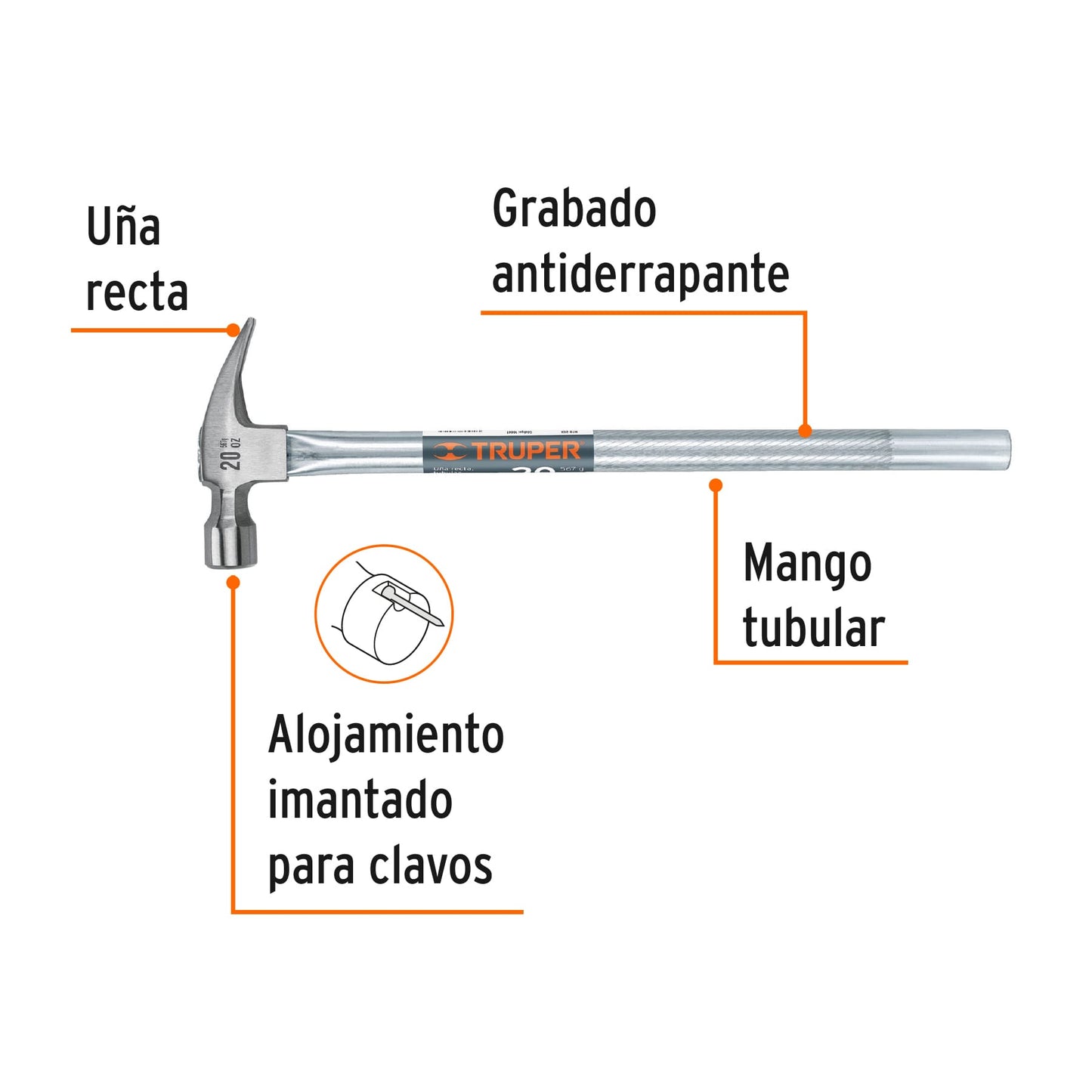 Martillo Tubular Pulido 20 oz MTR-20X - Cabeza Imantada Antiderrapante para Clavar y Extraer Clavos Profesional