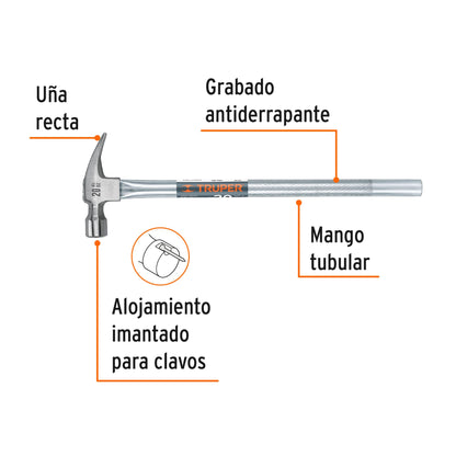 Martillo Tubular Pulido 20 oz MTR-20X - Cabeza Imantada Antiderrapante para Clavar y Extraer Clavos Profesional
