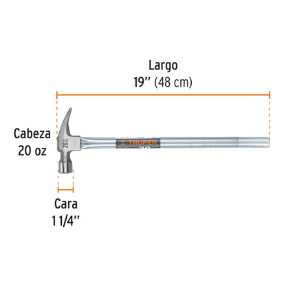 Martillo Tubular Pulido 20 oz MTR-20X - Cabeza Imantada Antiderrapante para Clavar y Extraer Clavos Profesional