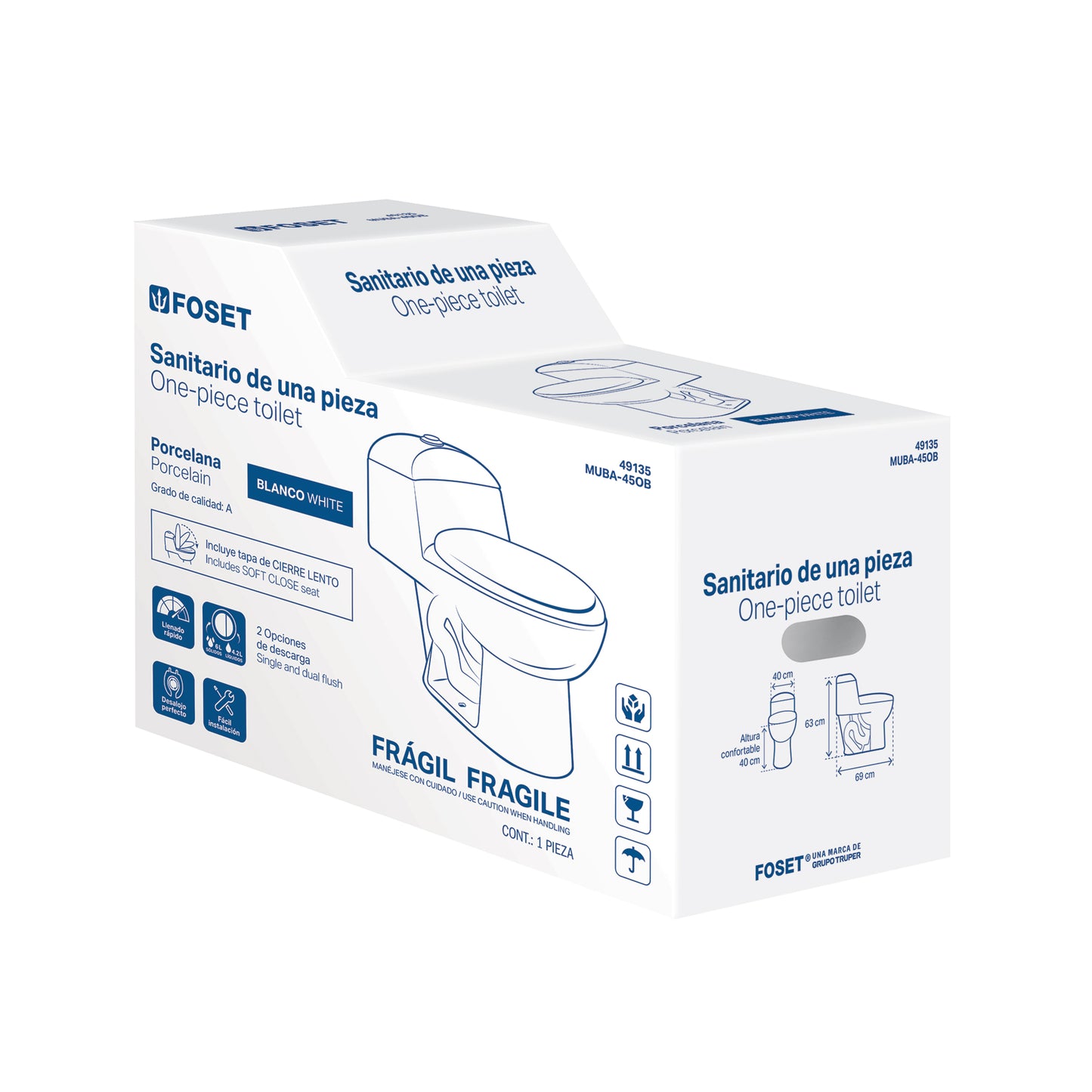 Sanitario One Piece Alargado Blanco FOSET 49135 - Porcelana Premium