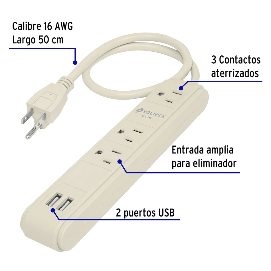 Multicontacto 16 AWG 3 entradas 2 puertos USB supresor 300 J, Tomacorriente, Oficina, Escuela.