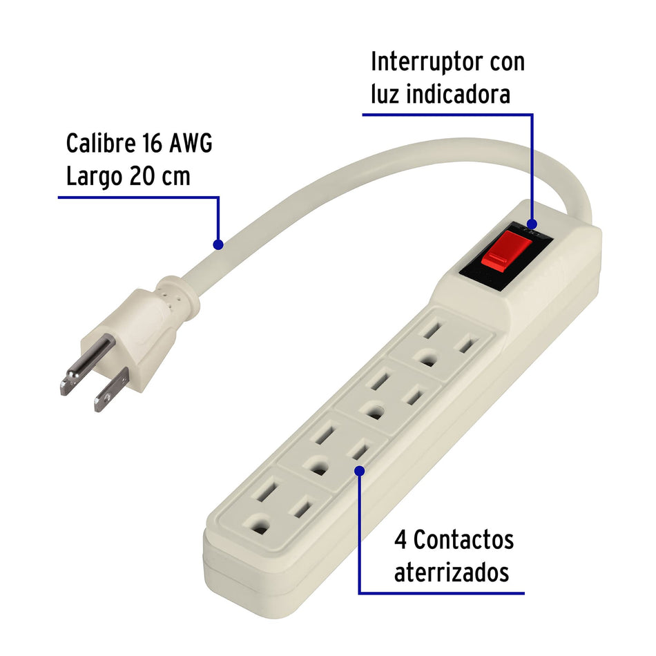 Multicontacto 16 AWG doméstico 4 entradas, Volteck, Tomacorriente y Enchefe multiple.