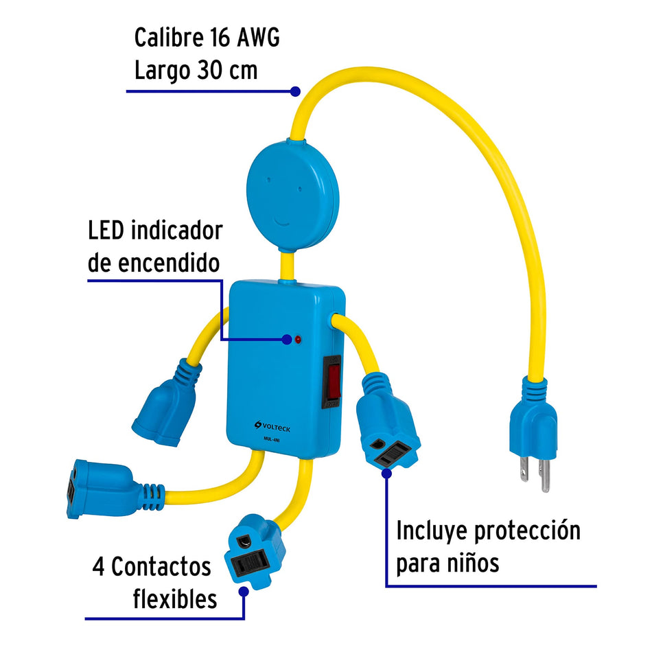 Multicontacto 16 AWG figura de niño con 4 entradas, Volteck, Tomacorriente o Enchufe multiple.