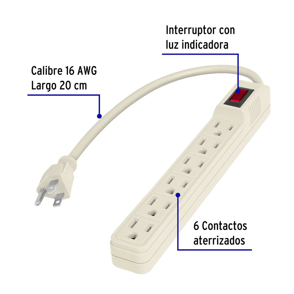 Multicontacto 16 AWG doméstico 6 entradas, Volteck