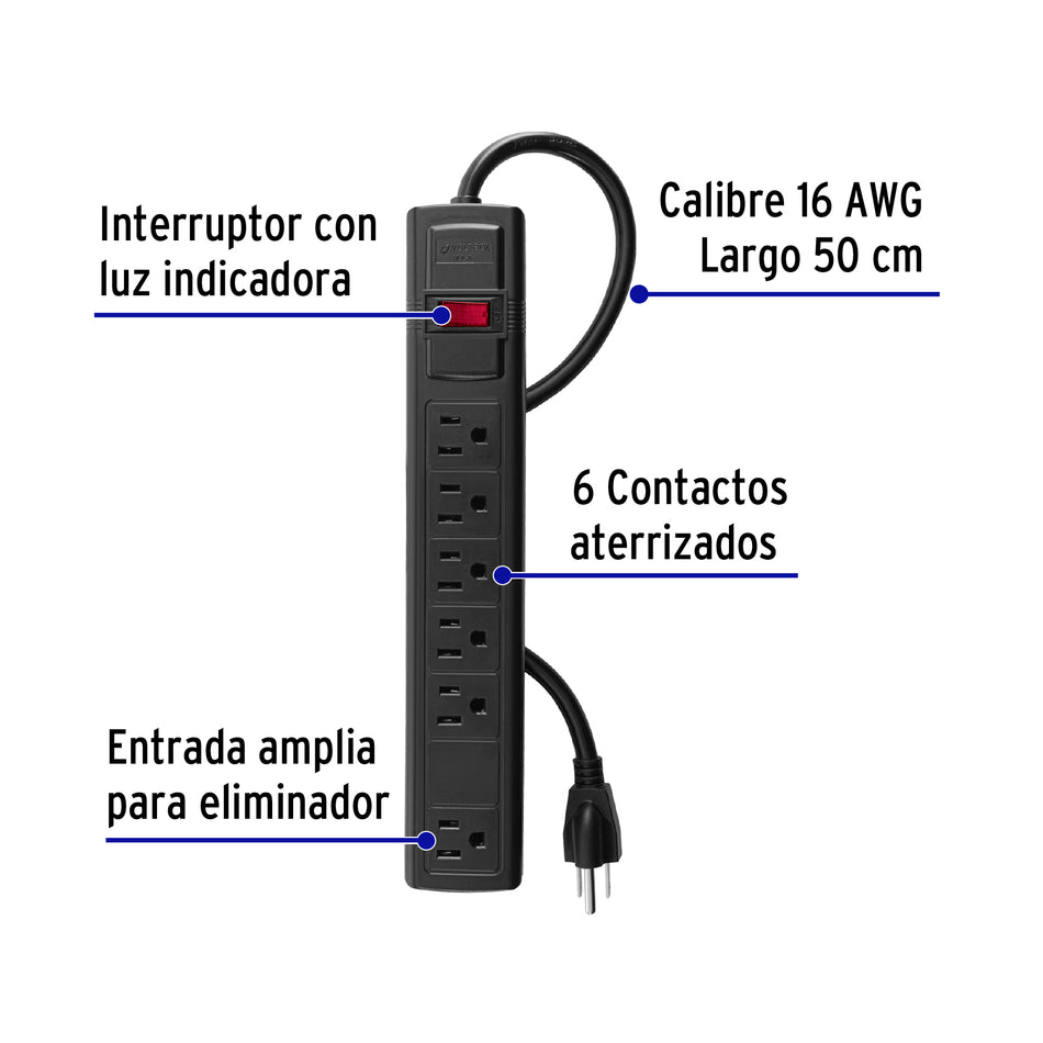 Multicontacto 16 AWG doméstico con 6 entradas, negro Volteck, Tomacorriente y Enchufe multiples.