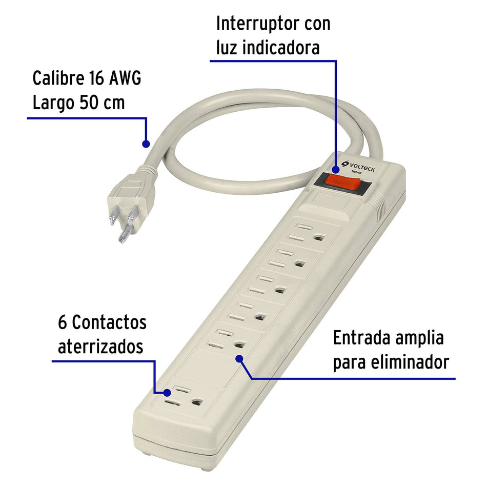 Multicontacto 16 AWG uso rudo con 6 entradas, Volteck, Tomacorriente o Enchufe multiple.