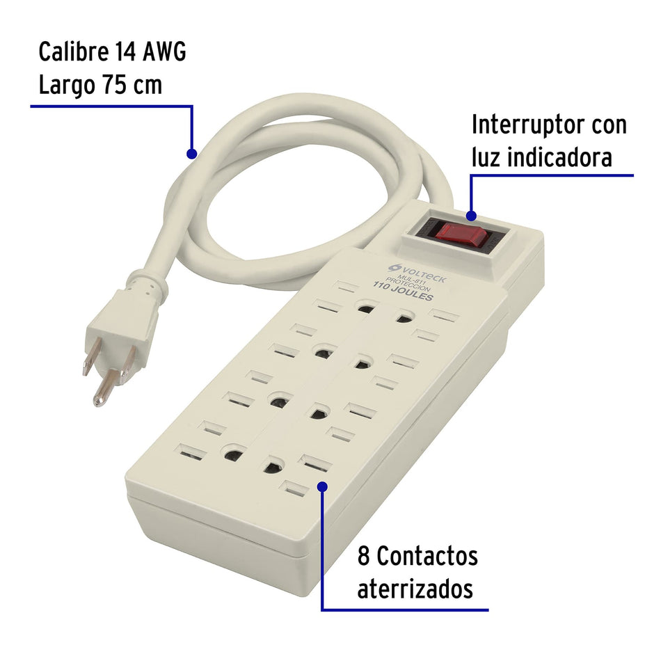 Multicontacto 14 AWG 8 entradas supresor de picos 110 joules, Tomacorriente o Enchufe multiple.