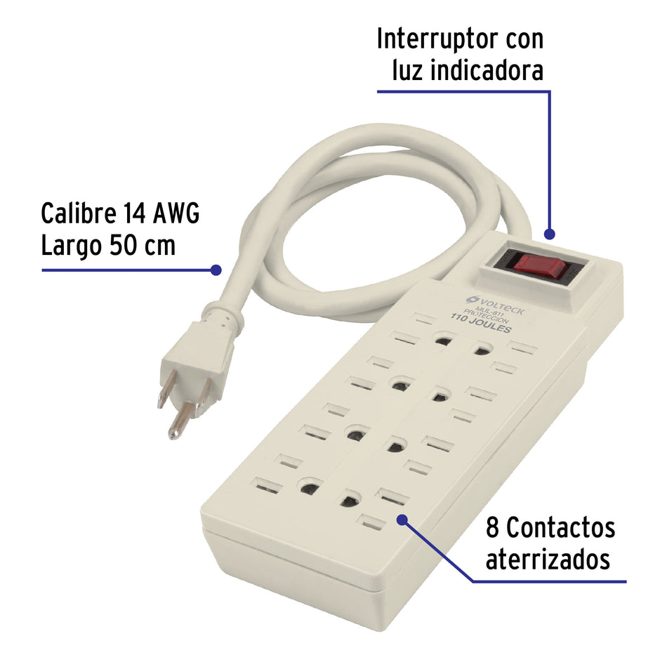 Multicontacto 14 AWG uso rudo con 8 entradas, Volteck, Tomacorriente o Enchufe multiple.