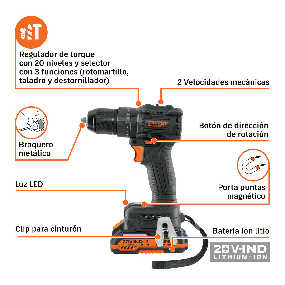 Rotomartillo Atornillador Inalámbrico Truper 20V Brushless 70 Nm 1/2" con Batería 2 Ah