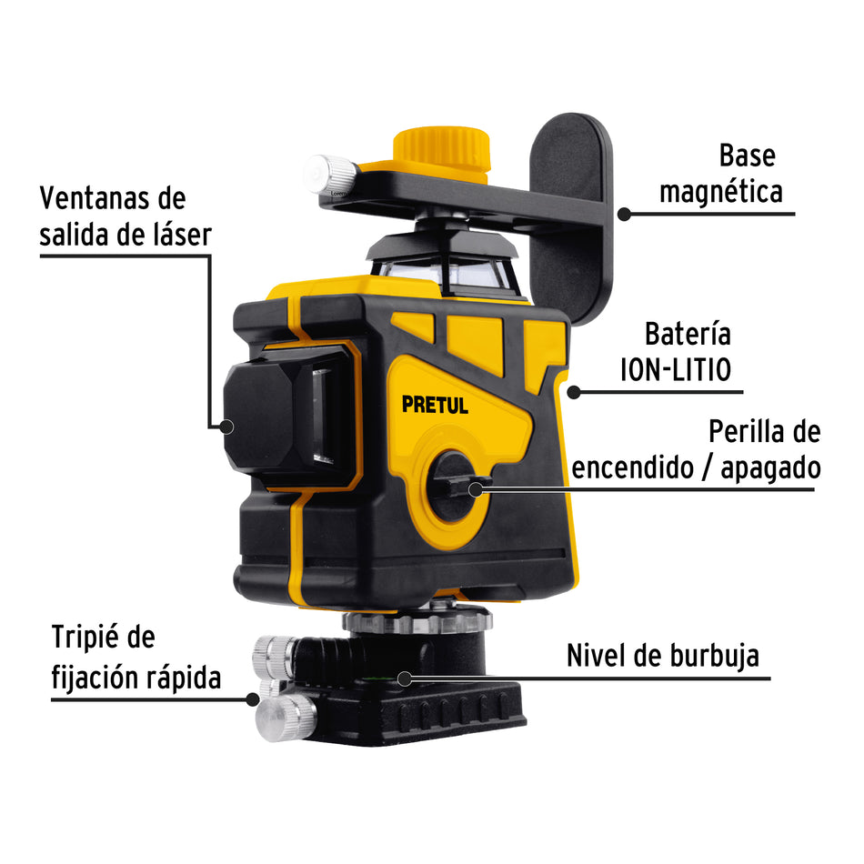 Nivel Láser Verde Profesional PRETUL 25m - 12 Líneas Cruzadas Recargable Autonivelante
