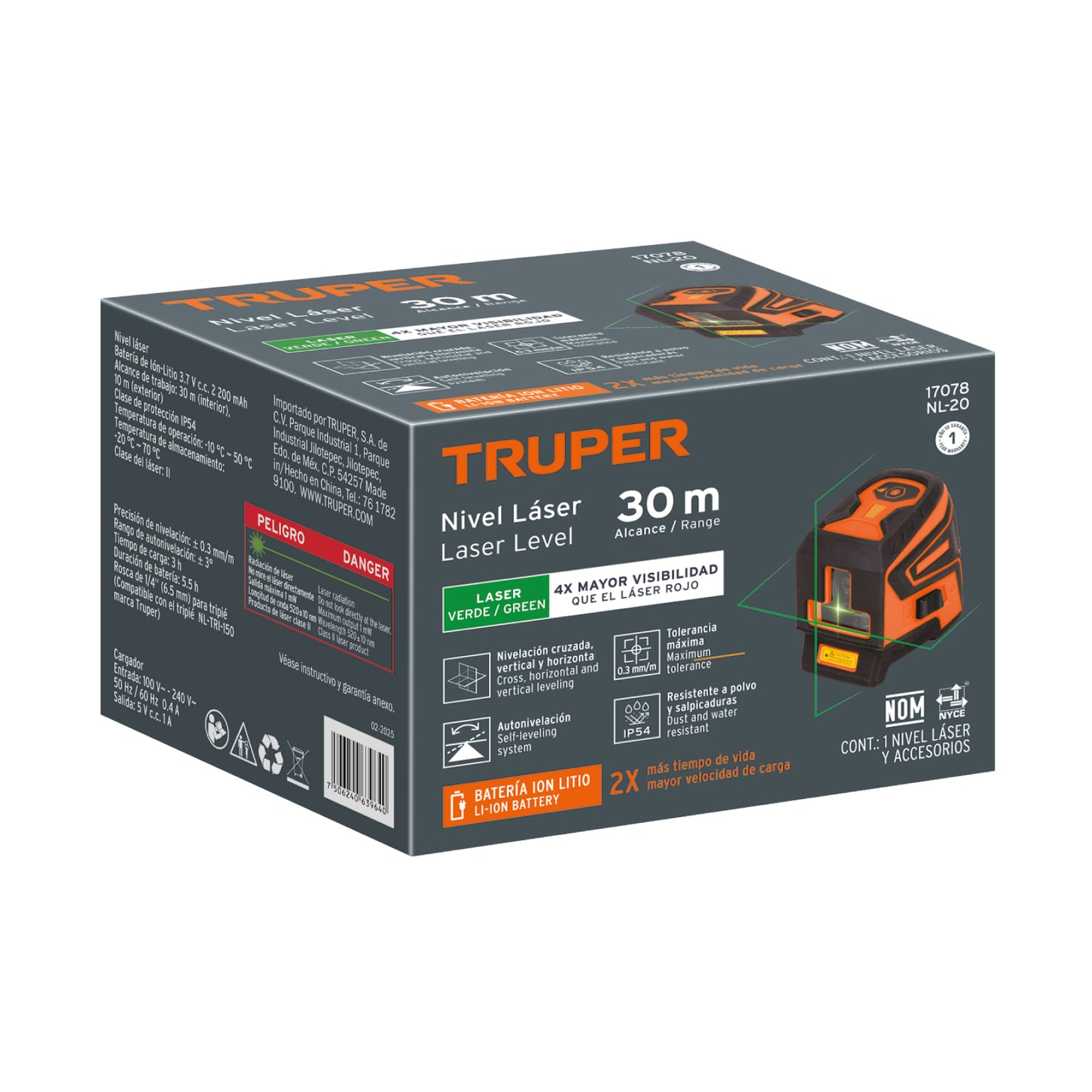 Nivel láser verde para nivelación precisa hasta 30 m - TRUPER recargable