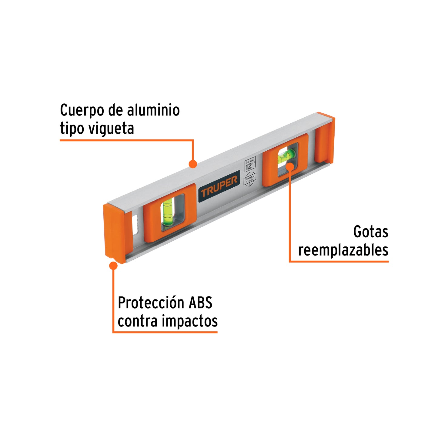 Nivel Profesional 12 Pulgadas Truper NP-12 - Cuerpo Aluminio con Protección ABS - Gotas Reemplazables Alta Visibilidad - Solución Precisa para Construcción y Carpintería