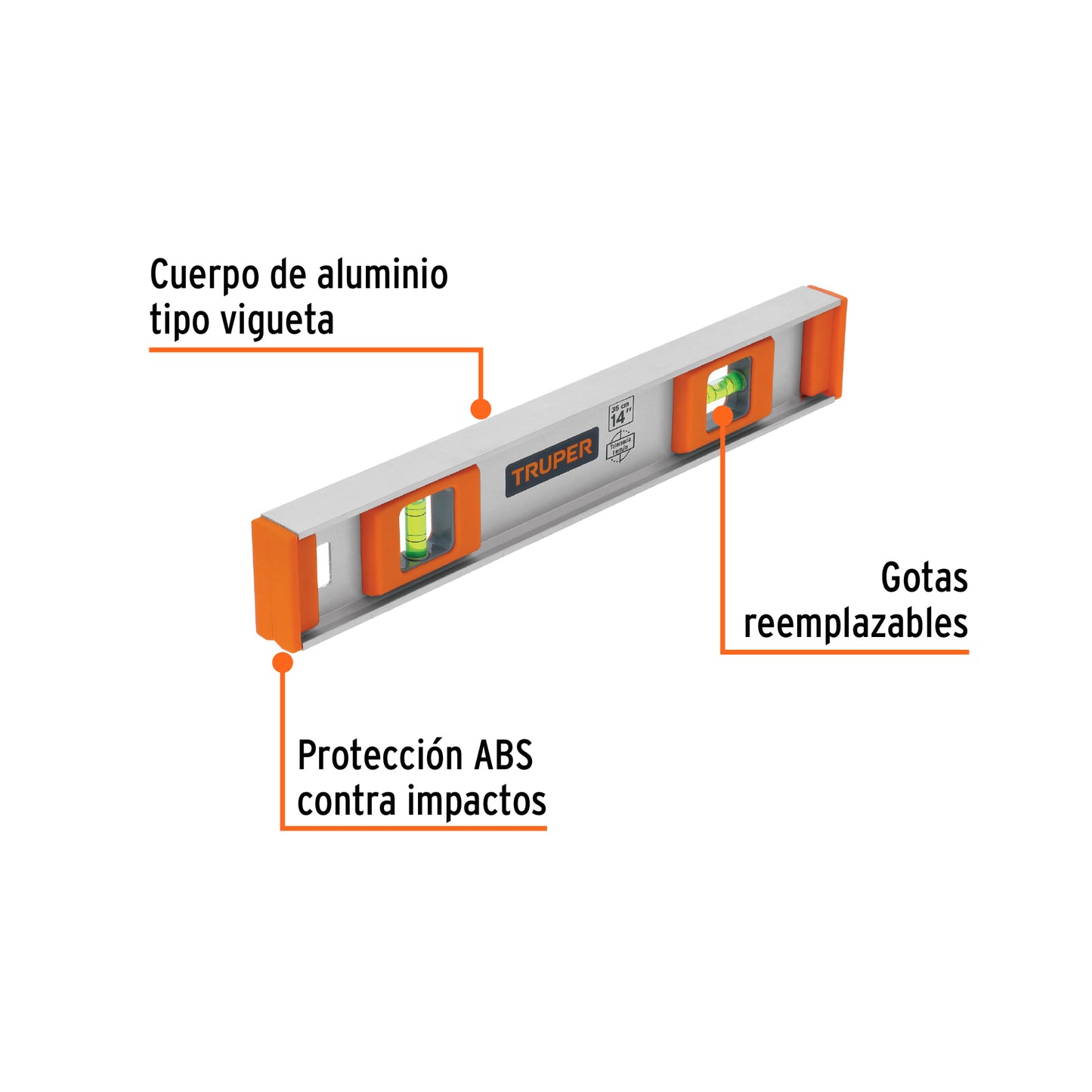Nivel Profesional Truper 14 Pulgadas con Protección ABS - Aluminio Tipo Vigueta - Gotas Reemplazables Alta Visibilidad - NP-14