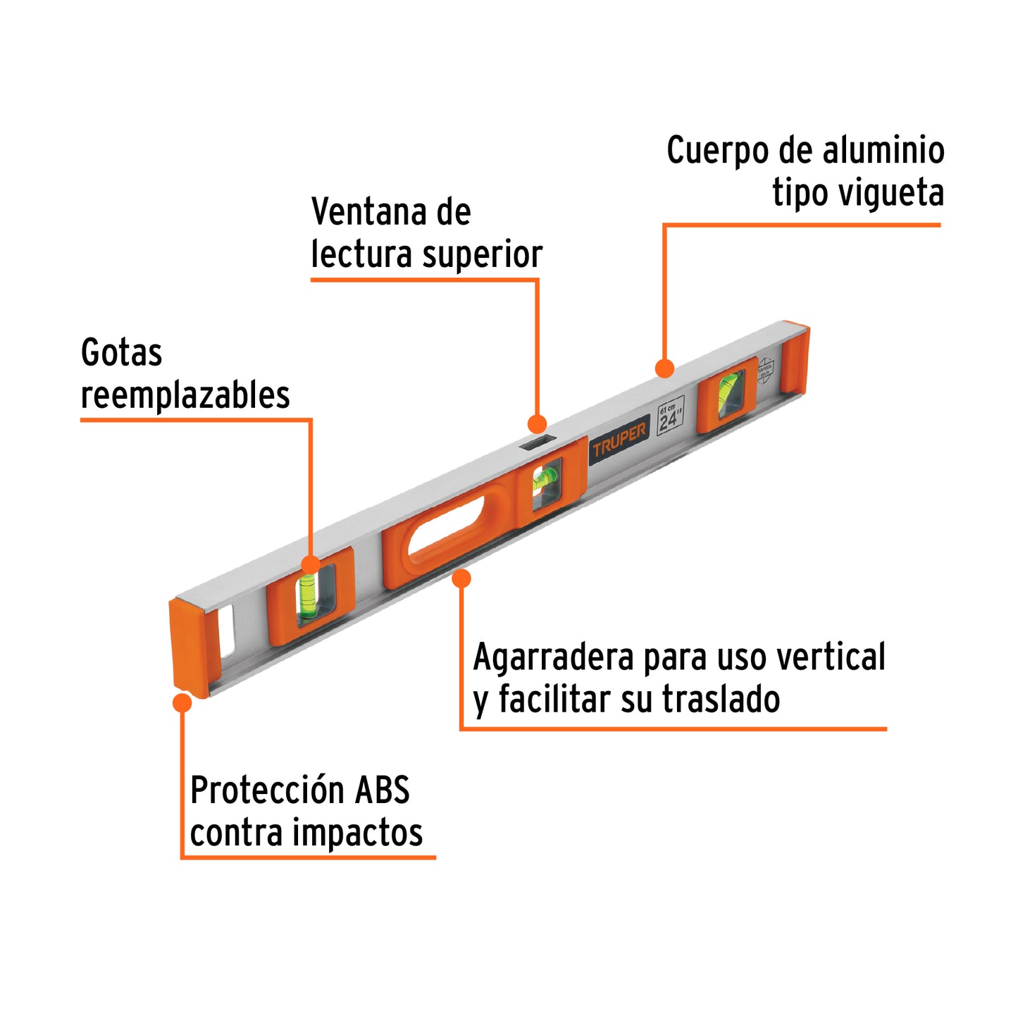 Nivel Profesional Truper 24 Pulgadas con Protección ABS - Herramienta de Precisión para Construcción y Carpintería - Gotas Reemplazables Alta Visibilidad - Modelo NP-24