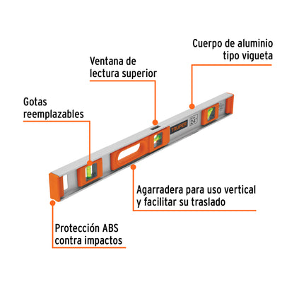 Nivel Profesional Truper 24 Pulgadas con Protección ABS - Herramienta de Precisión para Construcción y Carpintería - Gotas Reemplazables Alta Visibilidad - Modelo NP-24