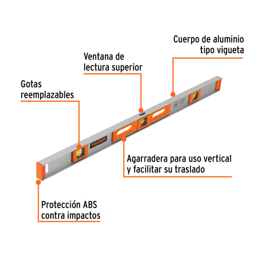 Nivel Profesional Truper 36 Pulgadas con Protección ABS - Aluminio Tipo Vigueta - Gotas Reemplazables Alta Visibilidad - Solución Precisa para Construcción y Carpintería
