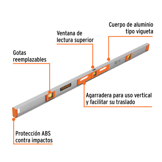 Nivel Profesional Truper 48 Pulgadas con Protección ABS - Medición Precisa 0°, 45° y 90° - Cuerpo Aluminio Vigueta - NP-48