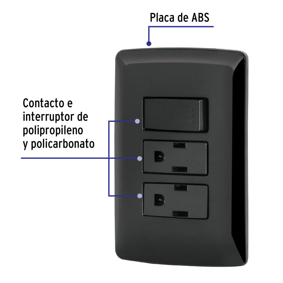 Placa armada 2 contactos e interruptor,negro, línea Italiana