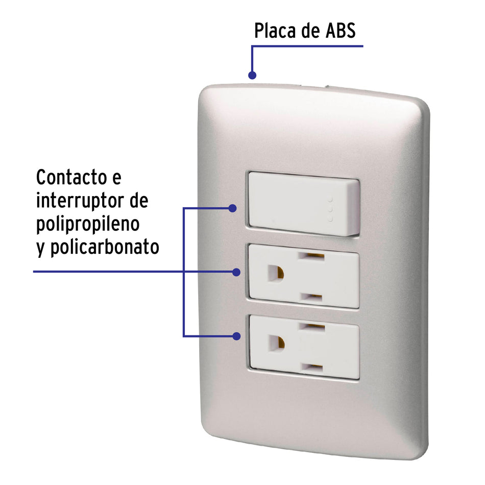 Placa armada 2 contactos e interruptor,plata, línea Italiana