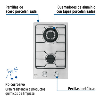 Parrilla Gas Empotrable 30cm FOSET - 2 Quemadores Acero Inoxidable con Encendido Electrónico