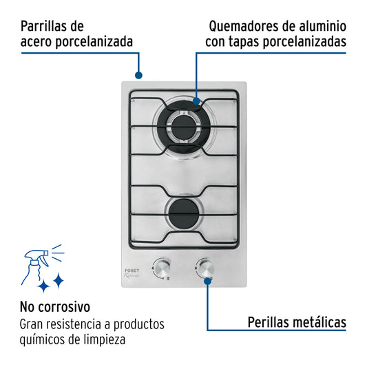 Parrilla Gas Empotrable 30cm FOSET - 2 Quemadores Acero Inoxidable con Encendido Electrónico