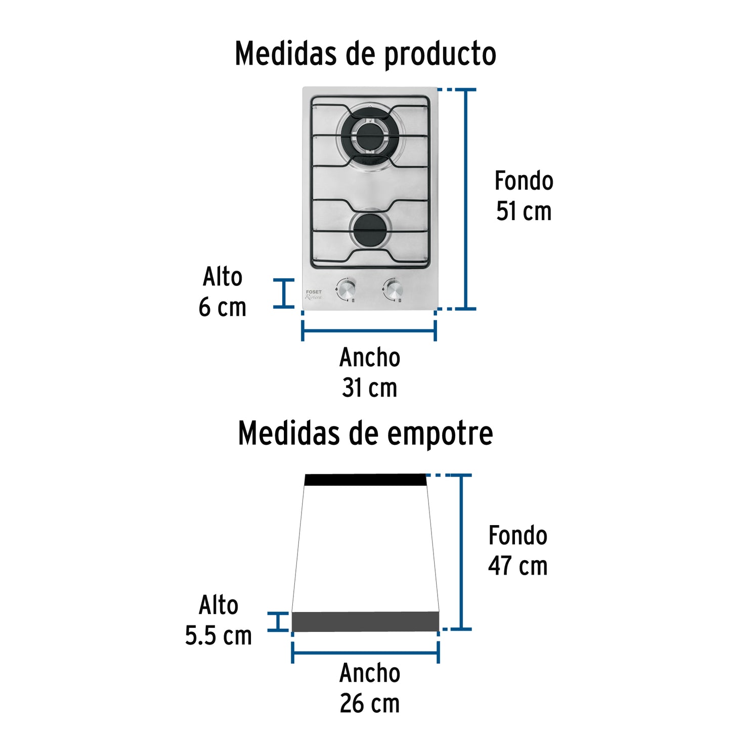 Parrilla Gas Empotrable 30cm FOSET - 2 Quemadores Acero Inoxidable con Encendido Electrónico