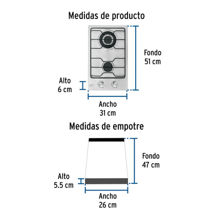 Parrilla Gas Empotrable 30cm FOSET - 2 Quemadores Acero Inoxidable con Encendido Electrónico