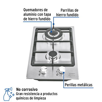 Parrilla de Gas Empotrable RIVIERA 30cm - 2 Quemadores Acero Inoxidable con Encendido Electrónico PAE-302GA