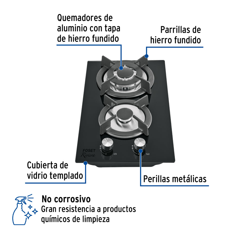 Parrilla Gas Empotrable 30cm RIVIERA - 2 Quemadores Vidrio Negro con Encendido Electrónico y Doble Flama