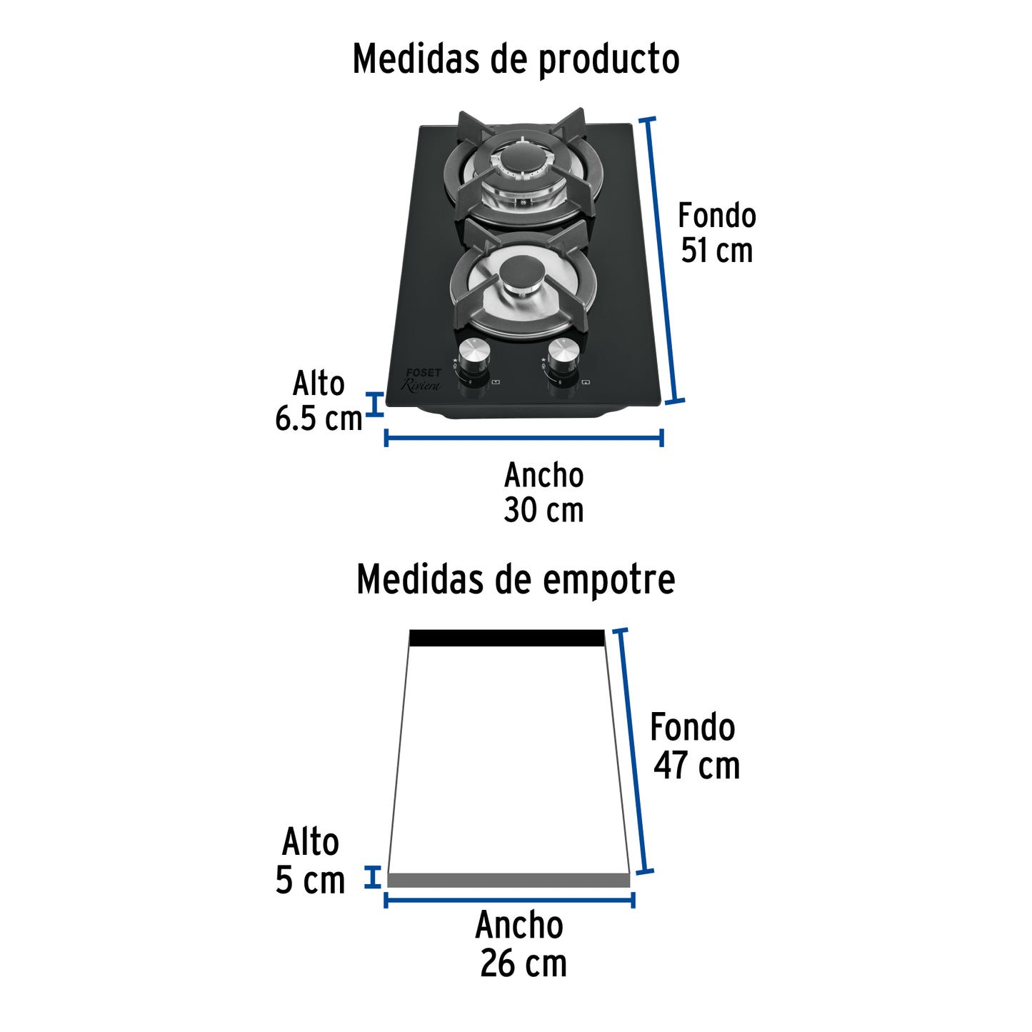 Parrilla Gas Empotrable 30cm RIVIERA - 2 Quemadores Vidrio Negro con Encendido Electrónico y Doble Flama