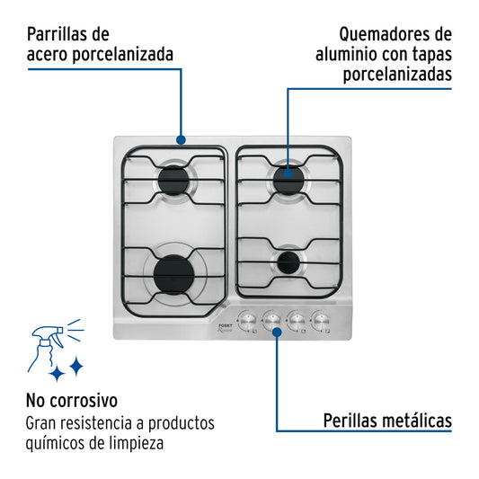 Parrilla Gas Empotrable 60cm FOSET - 4 Quemadores Acero Inoxidable con Encendido Electrónico