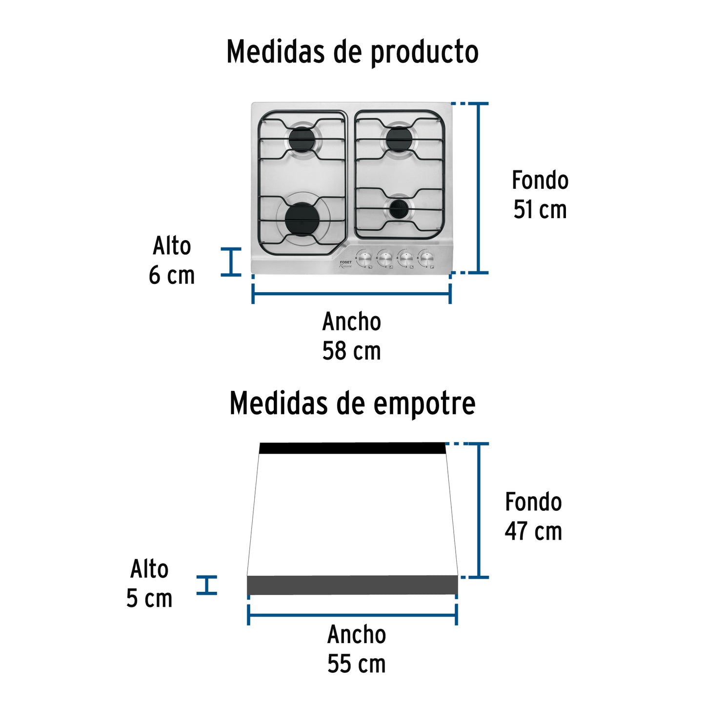 Parrilla Gas Empotrable 60cm FOSET - 4 Quemadores Acero Inoxidable con Encendido Electrónico