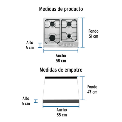 Parrilla Gas Empotrable 60cm FOSET - 4 Quemadores Acero Inoxidable con Encendido Electrónico
