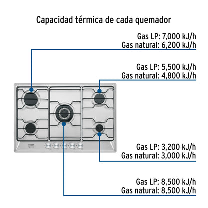Parrilla Gas Empotrable 75cm FOSET - 5 Quemadores Acero Inoxidable con Quemador Doble Flama"