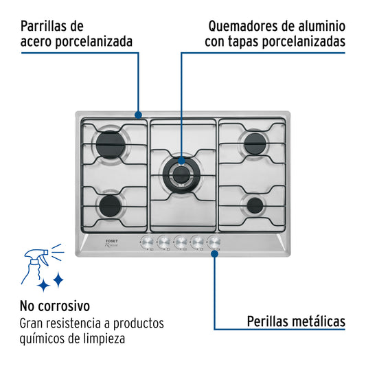 Parrilla Gas Empotrable 75cm FOSET - 5 Quemadores Acero Inoxidable con Quemador Doble Flama"