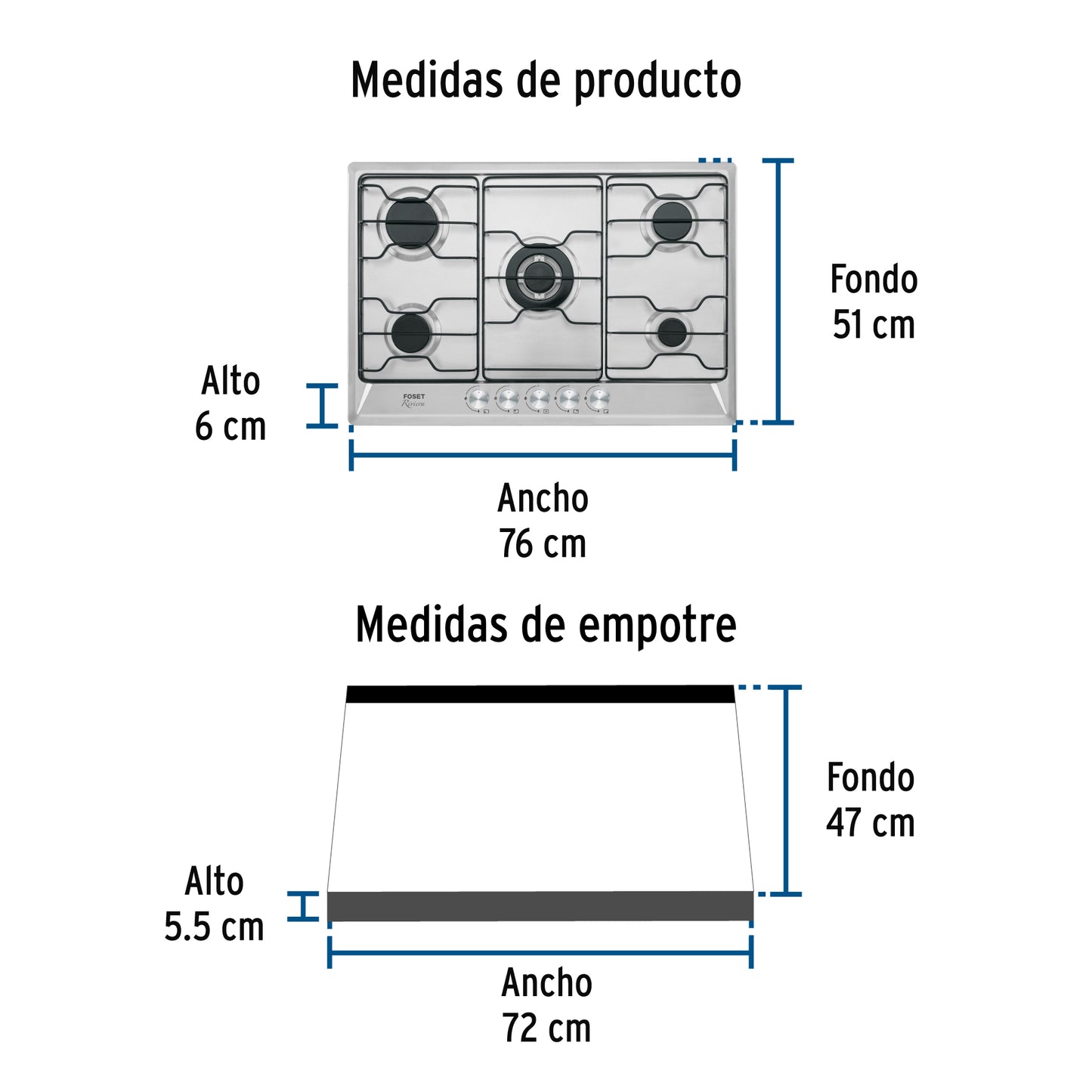 Parrilla Gas Empotrable 75cm FOSET - 5 Quemadores Acero Inoxidable con Quemador Doble Flama"