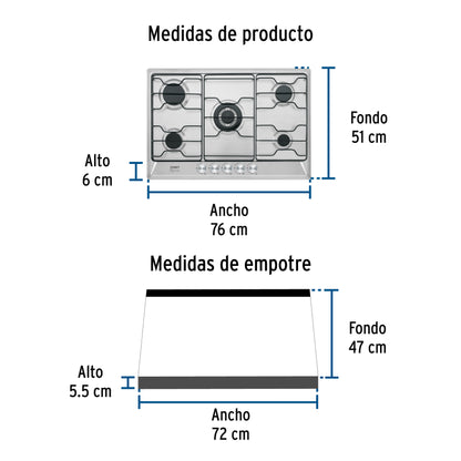 Parrilla Gas Empotrable 75cm FOSET - 5 Quemadores Acero Inoxidable con Quemador Doble Flama"