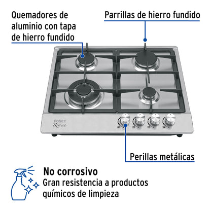 Parrilla Gas Empotrable 60cm RIVIERA 4 Quemadores Acero Inoxidable - Encendido Electrónico