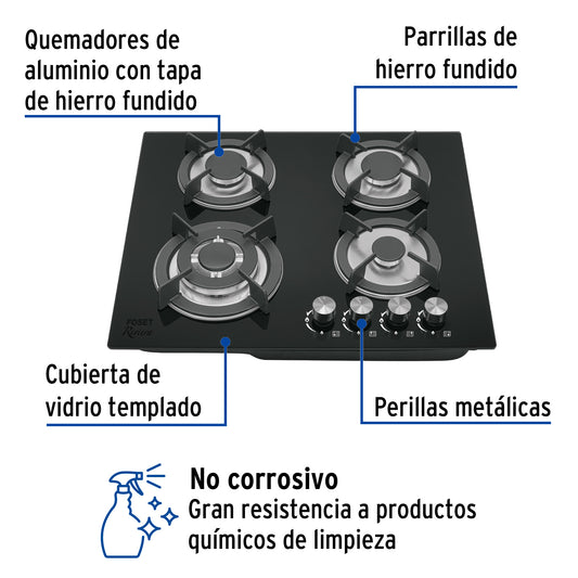 Parrilla Gas Empotrable 60cm RIVIERA PAE-604GV - 4 Quemadores Vidrio Negro con Encendido Electrónico