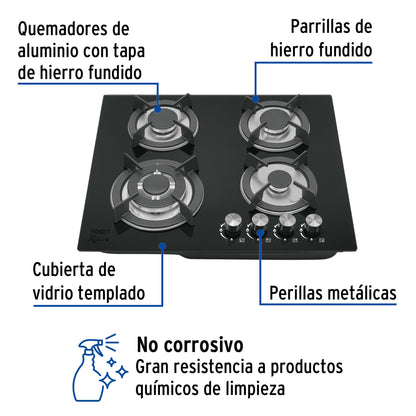 Parrilla Gas Empotrable 60cm RIVIERA PAE-604GV - 4 Quemadores Vidrio Negro con Encendido Electrónico