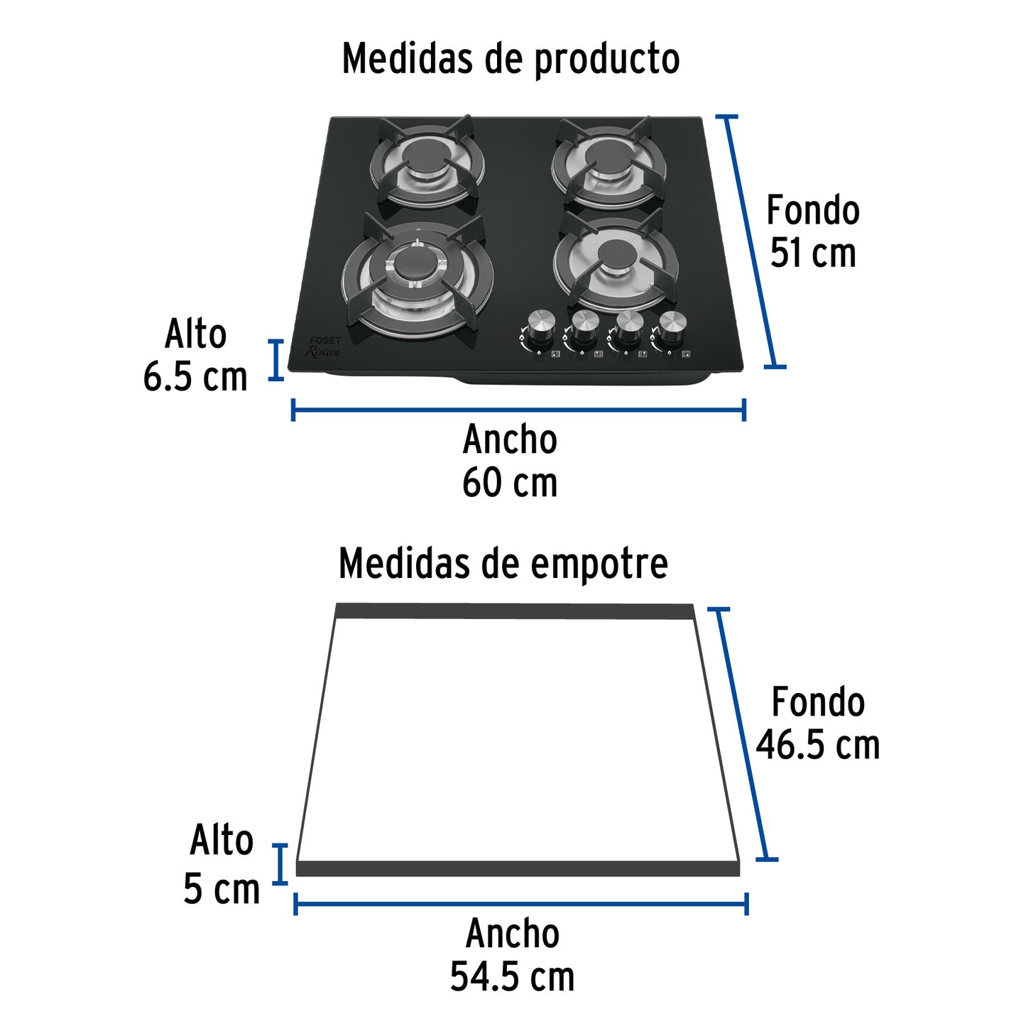 Parrilla Gas Empotrable 60cm RIVIERA PAE-604GV - 4 Quemadores Vidrio Negro con Encendido Electrónico